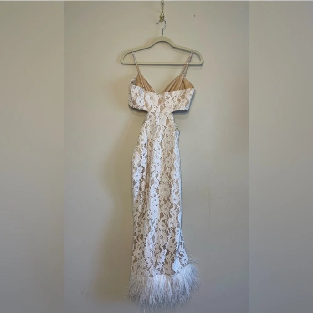 Likely Sarah Cutout Lace Feather Trim Maxi Dress